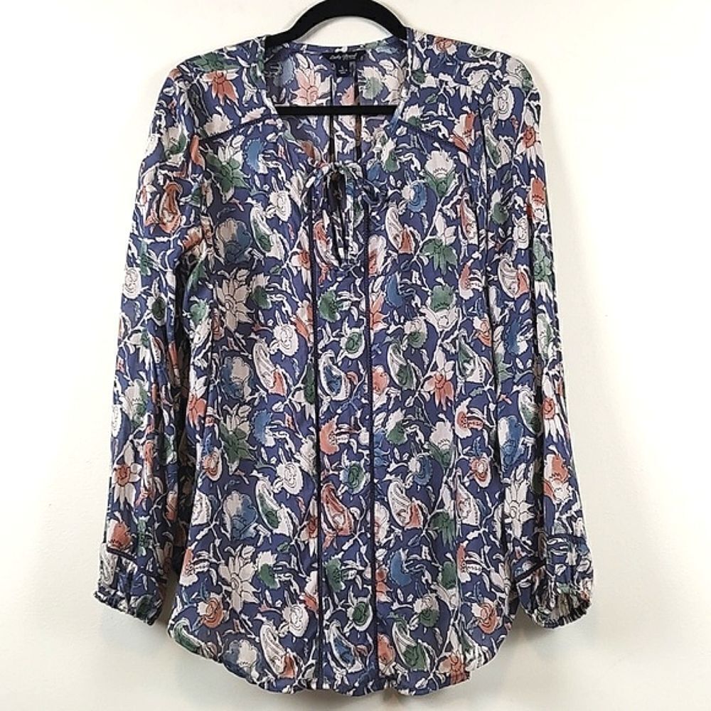 Lucky Brand Floral Crochet Detail Peasant Boho Blouse Top Size L
